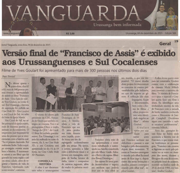 Jornal Vanguarda: Final version of <em>Francisco de Assis – A Life Lesson</em> is shown to Brazilians from Urussanga and Cocal do Sul