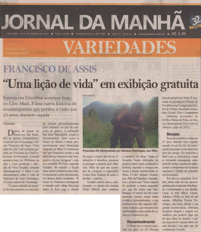 Jornal da Manhã: Free screening of Francisco de Assis – A Life Lesson