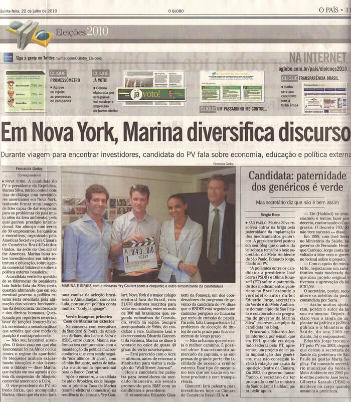 O Globo: In New York, Marina diversifies speech