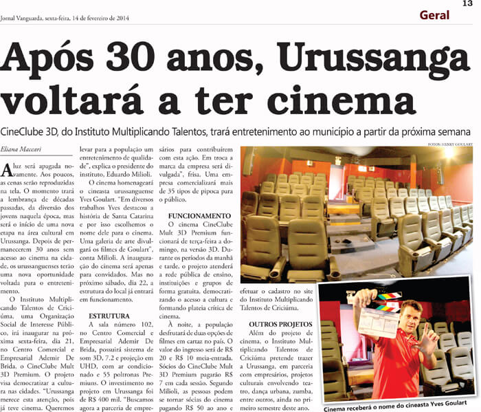 Jornal Vanguarda: After 30 years, Urussanga will have a movie theater again