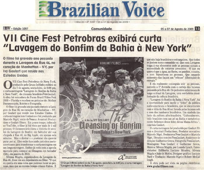 Brazilian Voice: VII Cine Fest Petrobras will screen the short film The Cleansing of Bonfim - from Bahia to New York