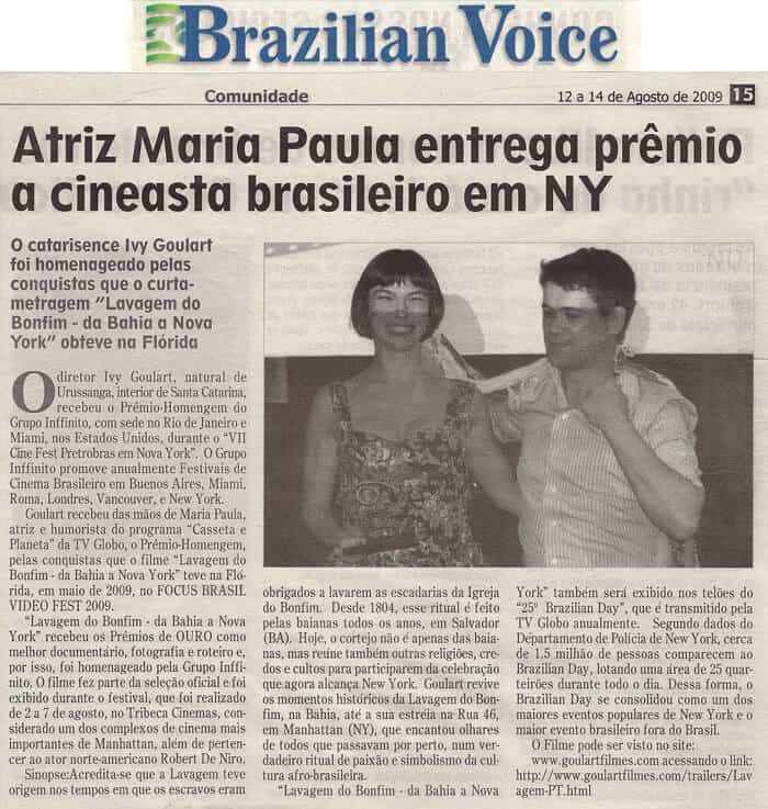 Brazilian Voice: Actress Maria Paula gives award to Brazilian filmmaker in NY