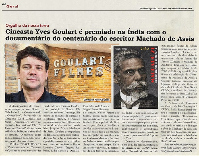 Jornal Vanguarda: Filmmaker Yves Goulart is awarded in India with documentary about the centennial of novelist Machado de Assis