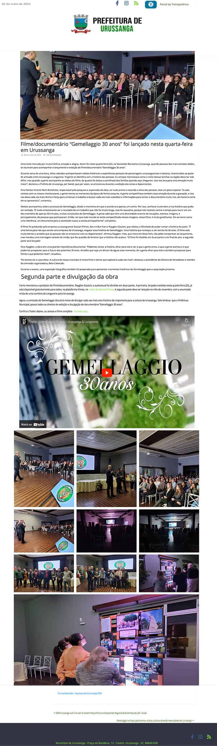 Prefeitura de Urussanga: Documentary Gemellaggio 30 Years was released in Urussanga on Wednesday