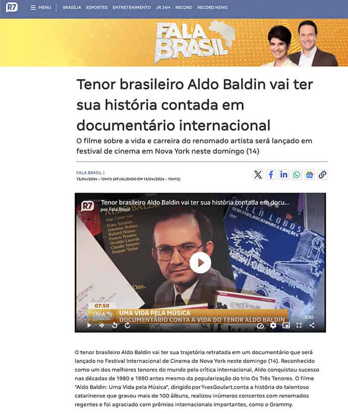 R7 - Fala Brasil: Brazilian tenor Aldo Baldin will have his story told in international documentary