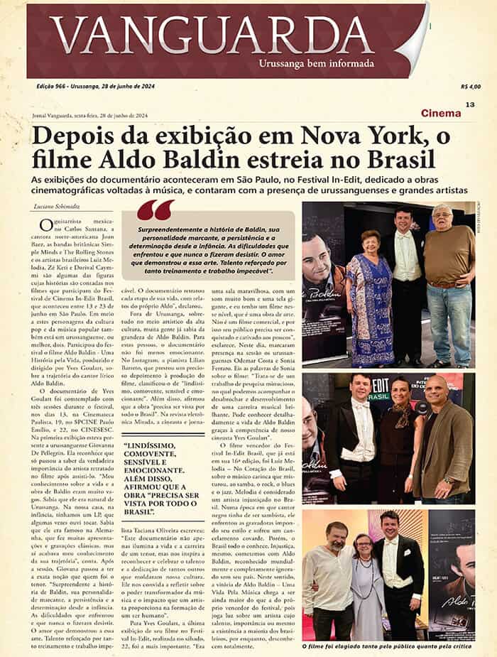 Jornal Vanguarda: After the screening in New York, the film about Aldo Baldin premieres in Brazil