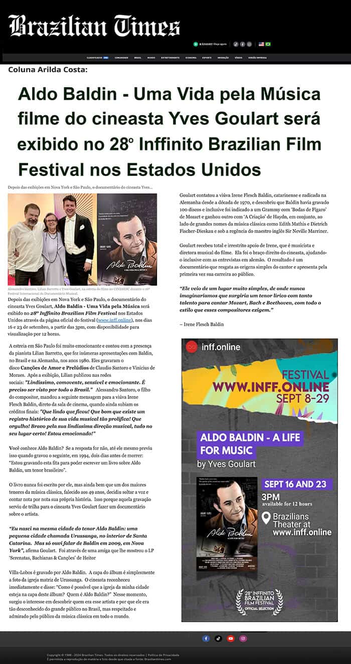 Brazilian Times: Aldo Baldin - A Life for Music by filmmaker Yves Goulart will be screened at the 28th Inffinito Brazilian Film Festival in the US