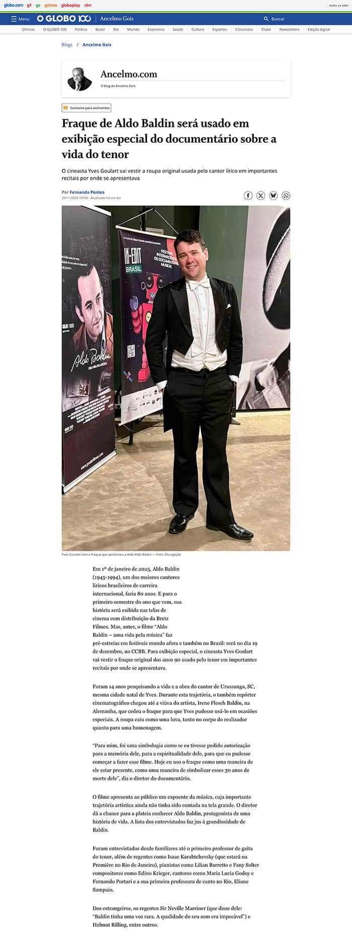 O Globo (Ancelmo Gois): Aldo Baldin's tailcoat will be used in special screening of the documentary about the tenor's life