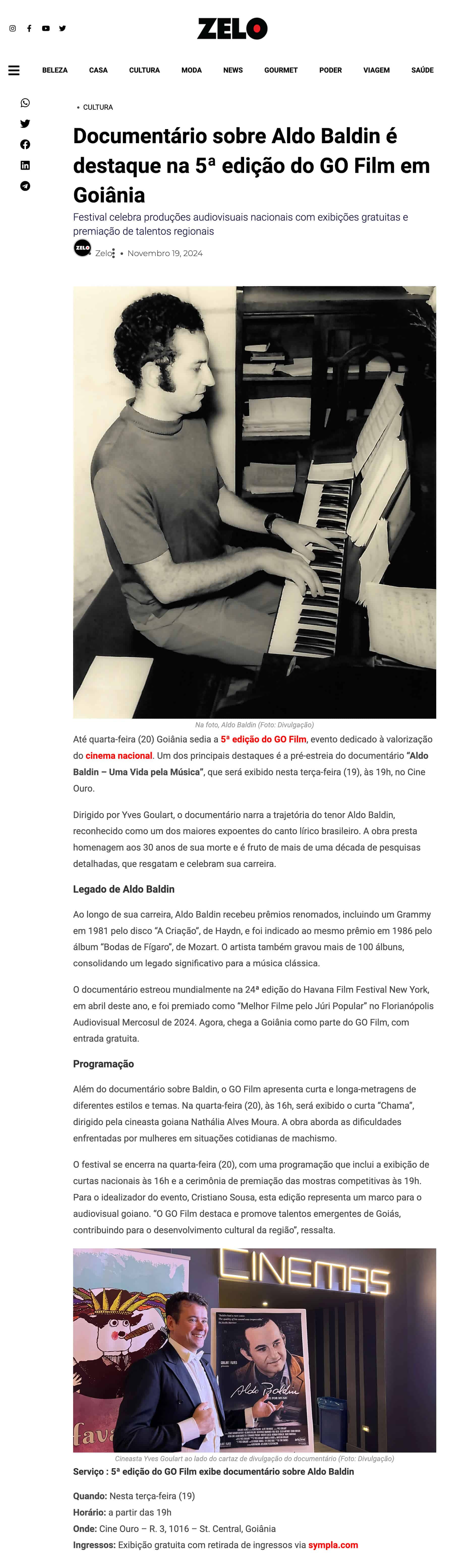 Zelo: Documentary about Aldo Baldin is featured in the 5th edition of GO Film in Goiânia