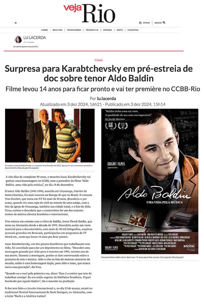 Veja Rio: Surprise for Karabtchevsky at premiere of doc about tenor Aldo Baldin