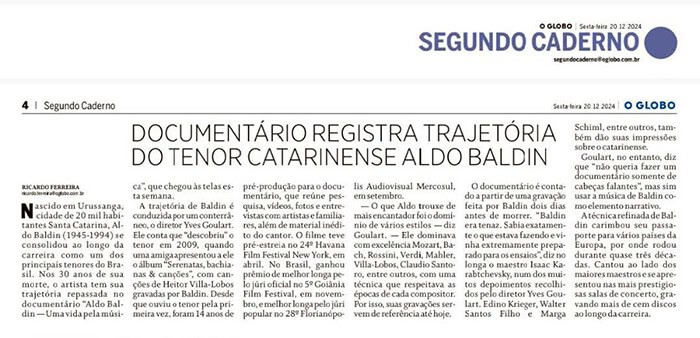 O Globo: Documentary records the trajectory of Brazilian tenor Aldo Baldin