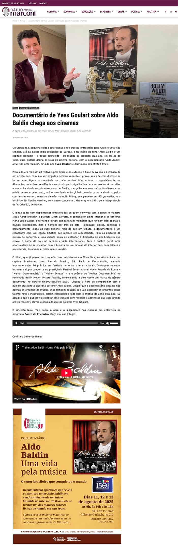 Rádio Marconi: Yves Goulart's documentary about Aldo Baldin hits theaters