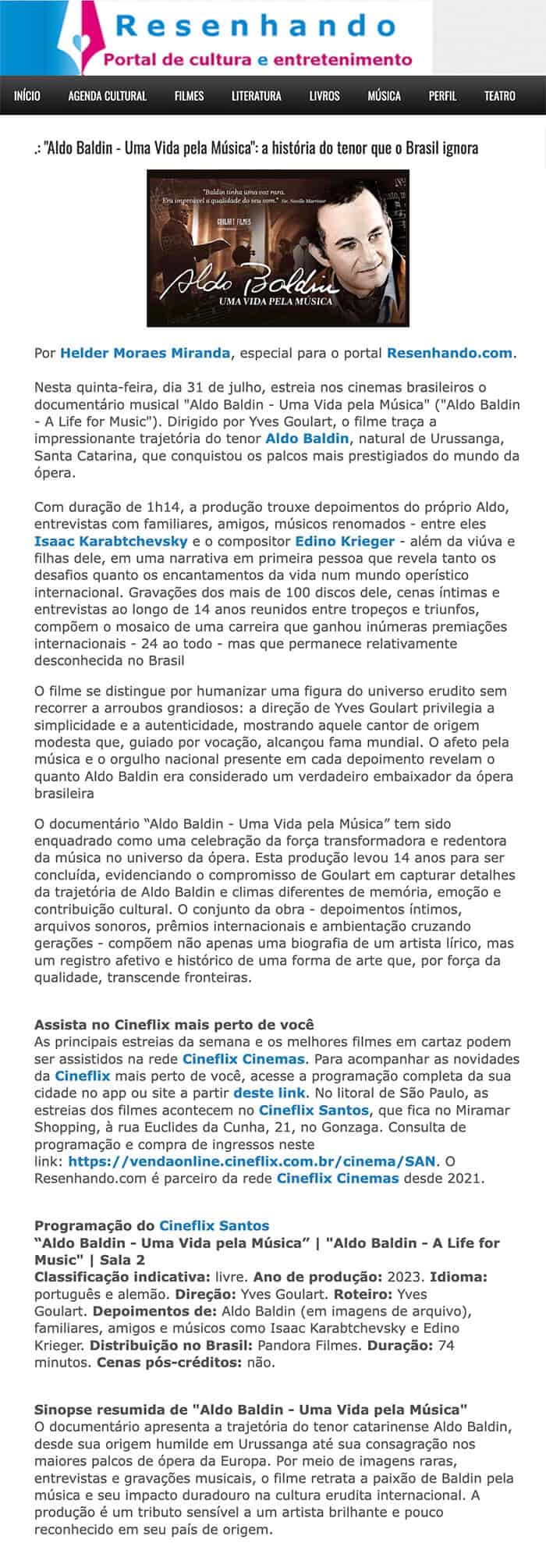Resenhando: Aldo Baldin - A Life for Music – The story of the tenor Brazil ignores